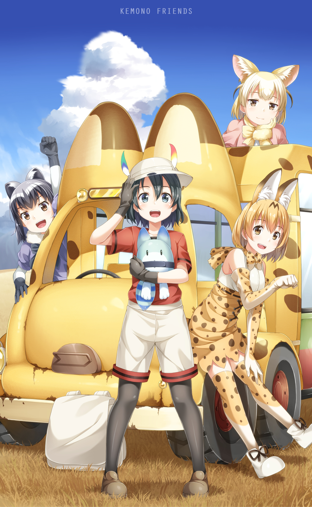 4girls :d animal_ears backpack backpack_removed bag bare_shoulders beige_shorts black_gloves black_hair black_legwear blonde_hair blue_eyes blue_shirt blush boots bow bowtie brown_eyes brown_shoes bucket_hat chin_rest clenched_hand clouds collarbone common_raccoon_(kemono_friends) copyright_name day elbow_gloves fennec_(kemono_friends) fox_ears full_body gloves grass hair_between_eyes hand_on_own_thigh hat hat_feather head_tilt high-waist_skirt highres holding japari_bus kaban_(kemono_friends) kemono_friends legs_apart light_smile looking_at_viewer lucky_beast_(kemono_friends) multicolored_hair multiple_girls open_mouth outdoors pantyhose paw_pose pink_sweater raccoon_ears raised_fist red_shirt romaji serval_(kemono_friends) serval_ears serval_print shadow shirt shoes short_hair short_sleeves silver_hair skirt sky sleeveless sleeveless_shirt smile standing sweater thigh-highs two-tone_hair white_boots white_hair white_shirt yellow_bow yellow_bowtie yuuri_nayuta