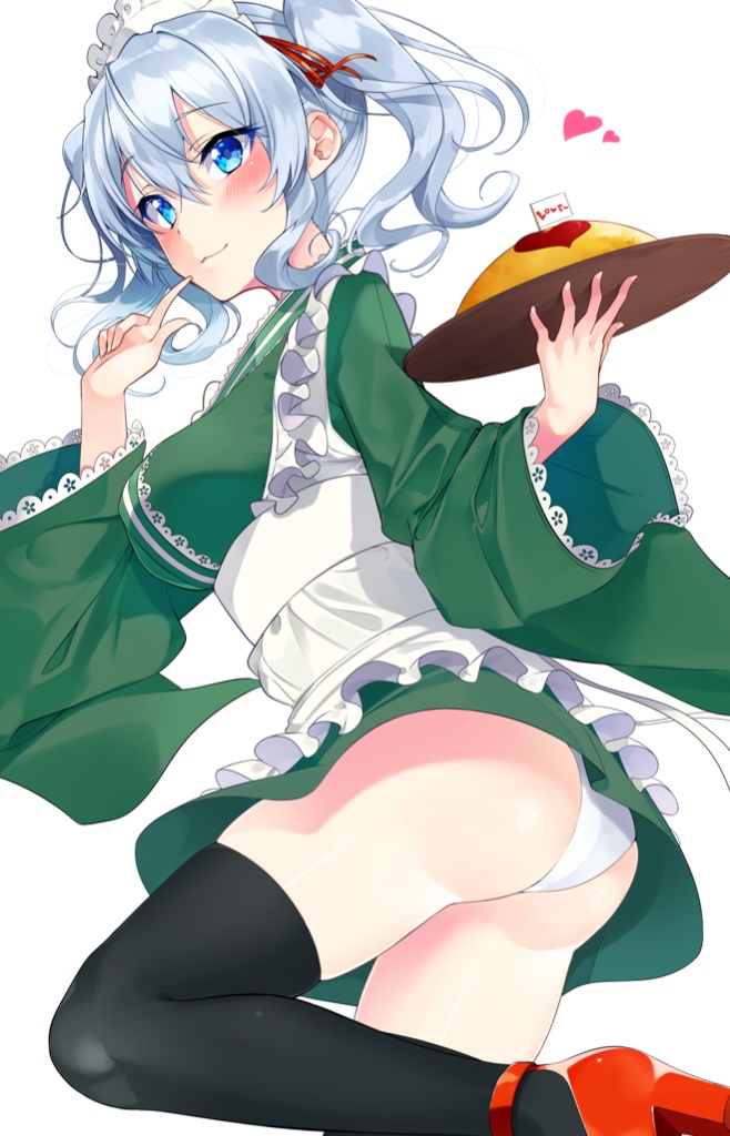 1girl :3 alternate_costume apron ass bangs black_legwear blush breasts closed_mouth commentary_request english eyebrows_visible_through_hair flag food frilled_apron frills from_side green_kimono hair_between_eyes hand_up heart high_heels holding holding_tray index_finger_raised japanese_clothes kantai_collection kashima_(kantai_collection) kimono long_sleeves looking_at_viewer maid_headdress medium_breasts nezumi_doshi omurice panties pantyshot pantyshot_(standing) red_shoes shoes short_kimono simple_background smile solo standing standing_on_one_leg thigh-highs thighs tray twintails underwear upskirt wa_maid wavy_hair white_background white_panties wide_sleeves