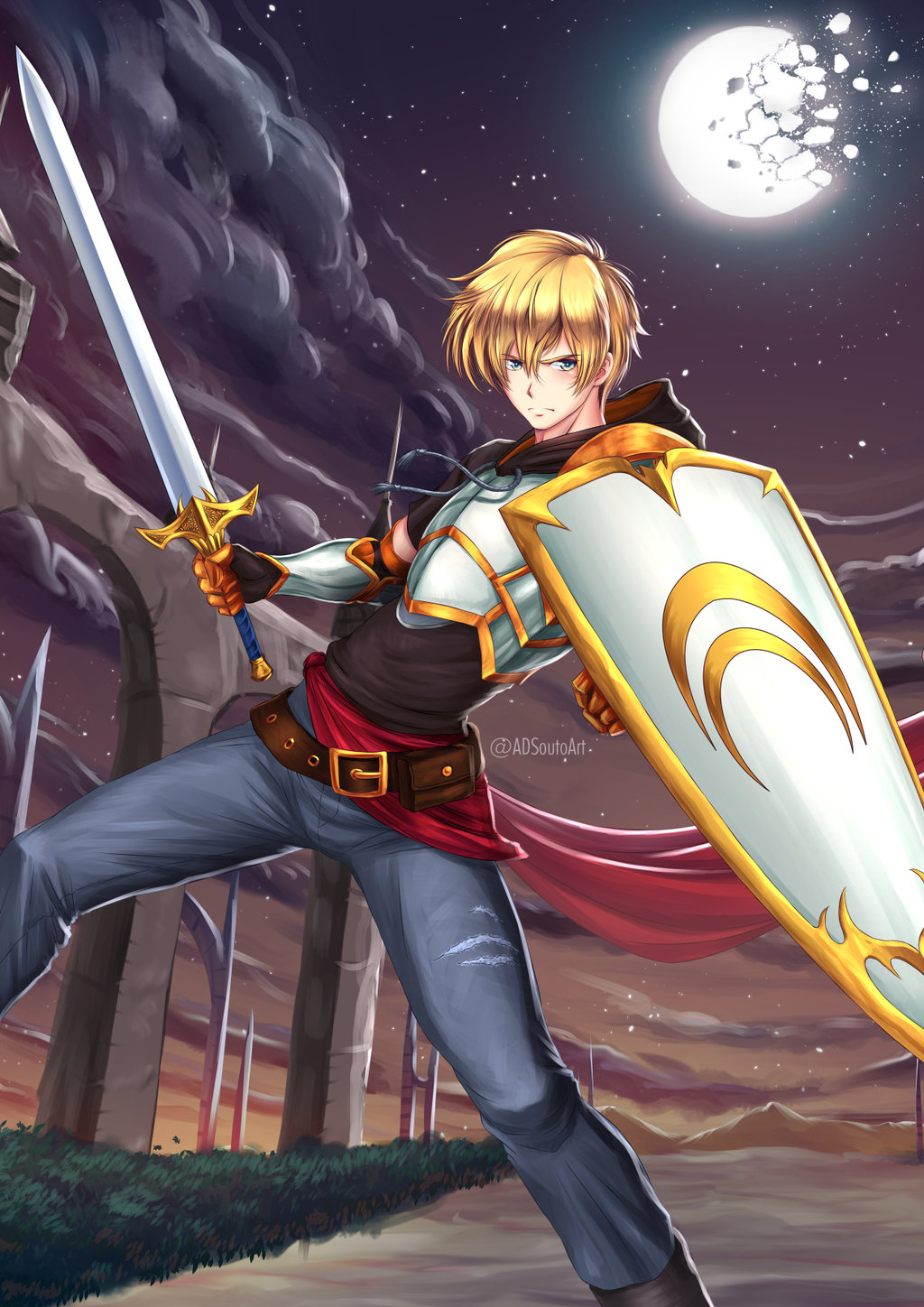 1boy adsoutoart blonde_hair gloves highres holding holding_sword holding_weapon jaune_arc looking_at_viewer moon outdoors rwby shield sword weapon