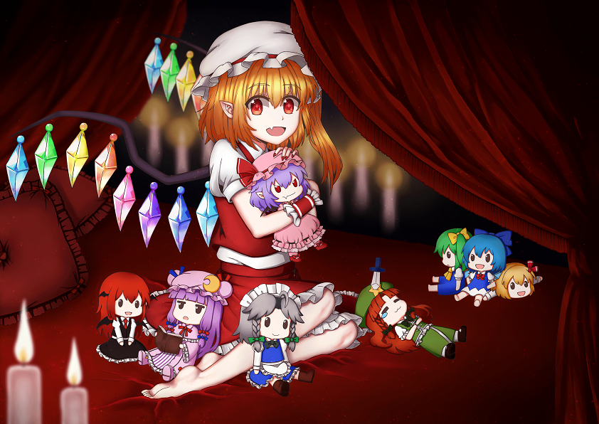 1girl :d bangs barefoot bat_wings bed beret blunt_bangs blush bow braid candle candlelight canopy_bed character_doll chinese_clothes cirno crescent crystal daiyousei dress eyebrows_visible_through_hair fang flandre_scarlet frilled_skirt frills full_body green_bow hair_bow hat head_wings hong_meiling indoors izayoi_sakuya jitome knifed koakuma looking_at_viewer maid maid_headdress mob_cap nail_polish open_mouth orange_hair patchouli_knowledge pillow pointy_ears puffy_short_sleeves puffy_sleeves red_eyes red_nails red_skirt red_vest remilia_scarlet rumia short_sleeves side_ponytail sitting skirt smile solo touhou twin_braids vermeith vest wings wrist_cuffs yokozuwari