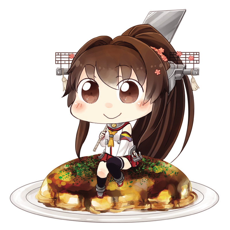 1girl brown_eyes brown_hair detached_sleeves flower food hair_flower hair_ornament headgear hinata_yuu kantai_collection long_hair okonomiyaki pink_flower pleated_skirt ponytail red_skirt simple_background sitting_on_food skirt smile solo very_long_hair white_background yamato_(kantai_collection)