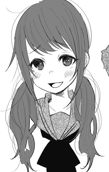 1girl :d bangs blush bow bowtie collarbone eyebrows_visible_through_hair eyelashes facing_viewer long_hair looking_at_viewer low_twintails monochrome open_mouth original school_uniform serafuku shiori_(moechin) simple_background sketch smile solo tareme tongue twintails upper_body white_background