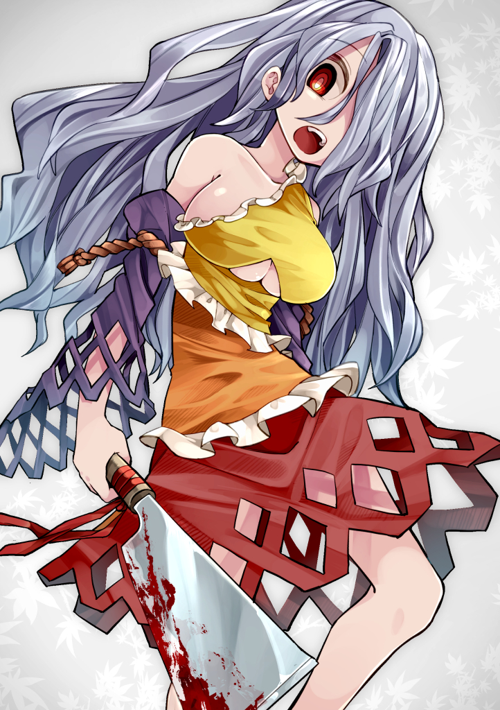 1girl aioi_aoi blood breasts collarbone detached_sleeves dress hair_over_one_eye hatchet large_breasts long_hair looking_at_viewer multicolored multicolored_clothes multicolored_dress open_mouth oriental_hatchet red_eyes sakata_nemuno silver_hair single_strap solo teeth touhou under_boob wavy_hair