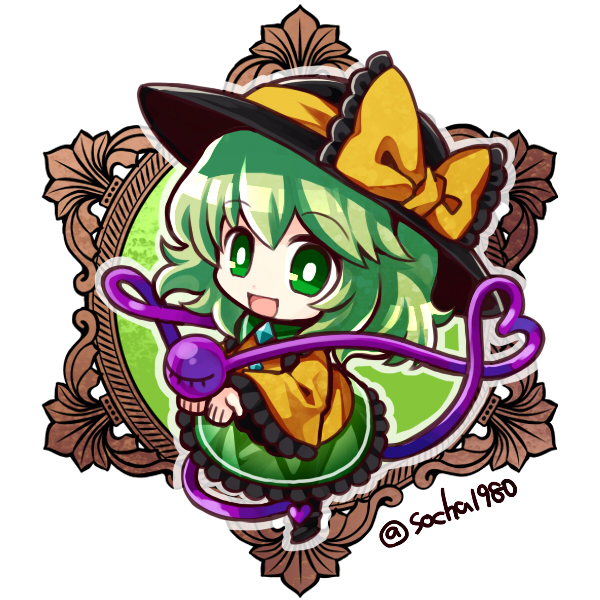 1girl black_hat bow chibi eyeball frilled_skirt frilled_sleeves frills full_body green_eyes green_hair green_skirt hat hat_bow heart heart_of_string komeiji_koishi long_sleeves looking_at_viewer skirt smile socha solo third_eye touhou twitter_username wide_sleeves yellow_bow