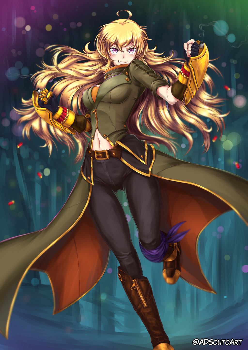 1girl adsoutoart amputee blonde_hair boots gauntlets gloves grin highres long_hair looking_at_viewer rwby smile solo weapon yang_xiao_long