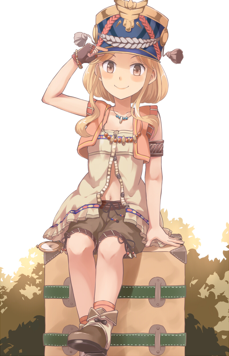 &gt;:) 1girl :d armband atelier_(series) atelier_escha_&amp;_logy blonde_hair blush boots brown_boots brown_eyes brown_gloves brown_shorts collarbone dutch_angle fingerless_gloves gloves hand_on_headwear hat highres jewelry katla_larchica looking_at_viewer machikado necklace open_mouth orange_legwear shirt short_hair_with_long_locks shorts single_glove sitting sleeveless sleeveless_shirt smile socks solo suitcase white_background white_shirt