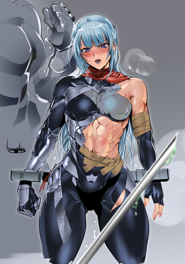 1girl abs armor artist_name blue_hair blush bodysuit bowalia breasts clenched_hand covered_navel cowboy_shot fingerless_gloves gloves long_hair muscular muscular_female needle open_mouth original restraints scarf simple_background steam tape thigh_gap toned torn_clothes violet_eyes