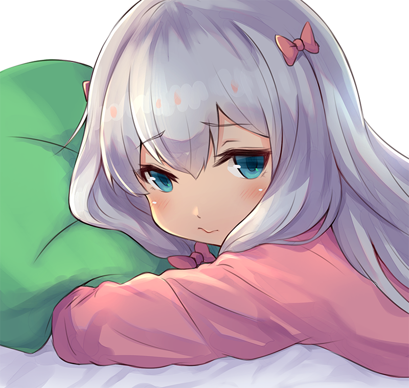 1girl 3: bangs blue_eyes blush bow close-up closed_mouth eromanga_sensei eyebrows_visible_through_hair from_side grey_hair hair_between_eyes hair_bow izumi_sagiri long_hair looking_at_viewer pajamas pink_bow pout silver_hair simple_background solo stuffed_animal stuffed_octopus stuffed_toy tgh326 white_background