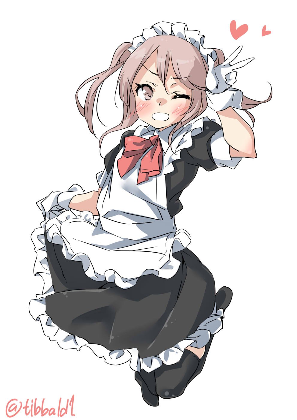 &gt;;d 1girl ;d apron arm_up bangs black_legwear blush bow bowtie ebifurya eyebrows_visible_through_hair frilled_apron frills full_body gloves hair_between_eyes heart highres kantai_collection looking_at_viewer maid maid_headdress no_shoes one_eye_closed open_mouth pink_eyes pink_hair red_bow red_bowtie sazanami_(kantai_collection) short_sleeves sidelocks simple_background skirt_hold smile solo thigh-highs twintails twitter_username v waist_apron white_apron white_background white_gloves zettai_ryouiki