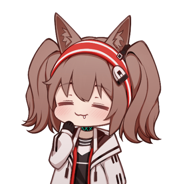 1girl :3 =_= angelina_(arknights) animal_ear_fluff arknights black_gloves black_shirt blush brown_hair chibi closed_eyes closed_mouth coat collar drooling facing_viewer gloves hairband hand_on_own_cheek hand_on_own_face infection_monitor_(arknights) lxjun_09 open_clothes open_coat red_hairband saliva shirt short_hair short_twintails simple_background smile solo twintails upper_body white_background white_coat