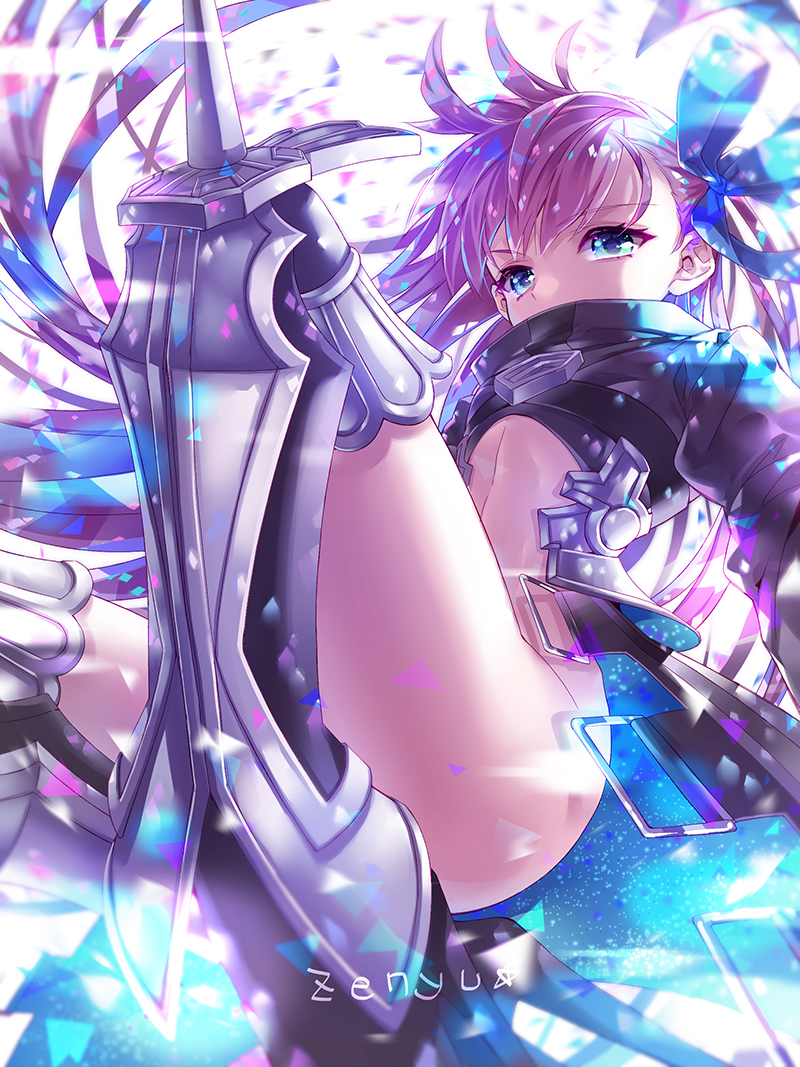 1girl armor armored_boots belt blue_eyes blue_ribbon boots coat fate/extra fate/extra_ccc fate_(series) long_hair long_sleeves meltlilith revealing_clothes ribbon solo spikes zenyu