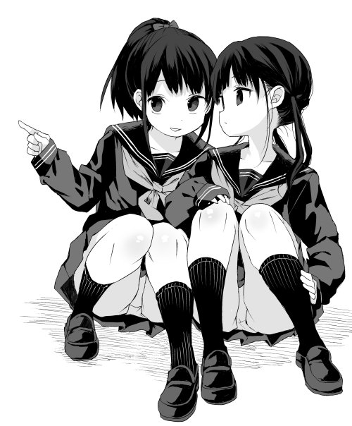 2girls greyscale kneehighs kuromoto-kun_(rina_masimaro) long_hair long_sleeves miniskirt monochrome multiple_girls original panties pantyshot pantyshot_(sitting) pleated_skirt pointing ponytail sailor_collar school_uniform serafuku shoes simple_background sitting skirt two_side_up underwear white_background