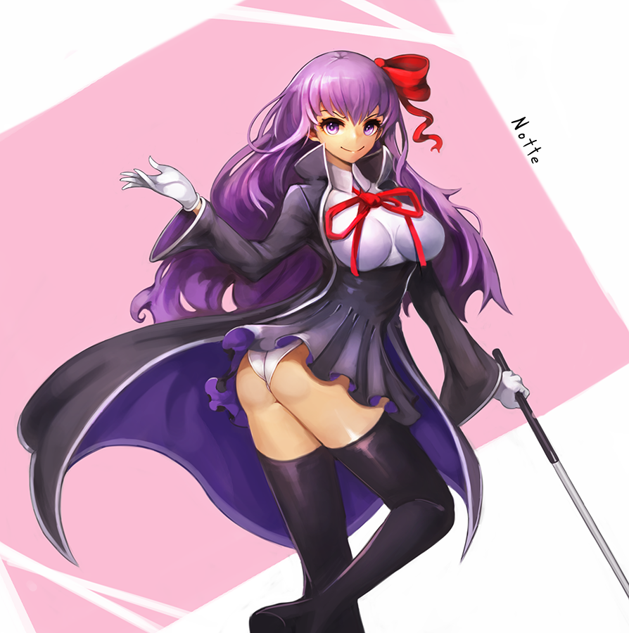 1girl artist_name ass bb_(fate/extra_ccc) black_legwear breasts cape fate/extra fate/extra_ccc fate_(series) gloves looking_at_viewer notte panties pointer purple_hair skirt smile solo thigh-highs thighs underwear violet_eyes white_gloves white_panties