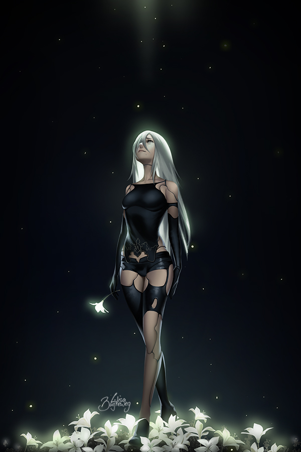 1girl android dark_background flower light lisa_buijteweg long_hair looking_up mole mole_under_mouth nier_(series) nier_automata robot_joints short_shorts shorts silver_hair smile solo yorha_type_a_no._2