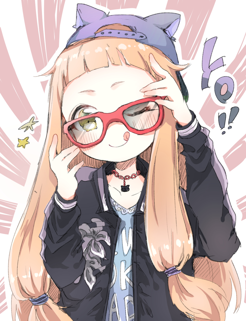 1girl adjusting_glasses alternate_costume animal_hat backwards_hat bangs baseball_cap black_hat black_jacket blue_shirt blunt_bangs border c: cat_hat chain_necklace child closed_mouth collarbone emphasis_lines eyelashes forehead glasses hat head_tilt highres ichihara_nina idolmaster idolmaster_cinderella_girls jacket jewelry korean long_hair low-tied_long_hair necklace one_eye_closed orange_hair pendant pya~_(yyy961019) red_glasses shirt short_eyebrows solo sparkle straight_hair tongue tongue_out upper_body yellow_eyes