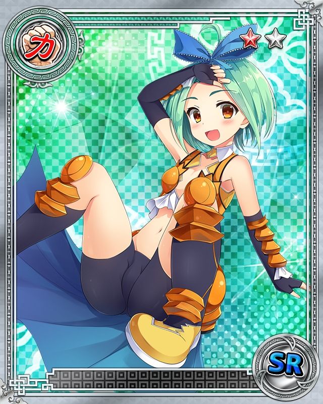 1girl arm_support arm_up armor armpits bike_shorts black_gloves black_legwear bow breastplate brown_eyes card_(medium) elbow_gloves fingerless_gloves gloves green_hair hand_on_own_head kantaka kneehighs koihime_musou leaning_back midriff navel official_art open_mouth ribbon shoes short_hair shorts sitting smile solo spread_legs ten'i waist_cape