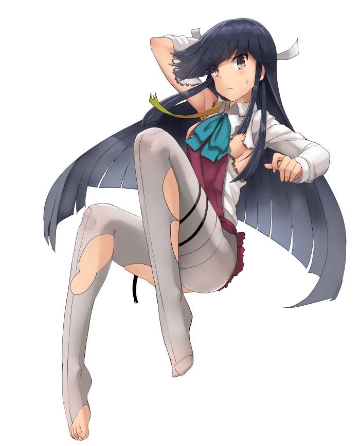 1girl arm_behind_head arm_up bangs barefoot black_hair blue_bow blue_bowtie bow bowtie breasts brown_eyes burnt_clothes collared_shirt commentary convenient_leg eyebrows_visible_through_hair feet foreshortening full_body grey_legwear hayashimo_(kantai_collection) invisible_chair jpeg_artifacts kantai_collection long_hair long_sleeves looking_at_viewer no_bra pantyhose plantar_flexion purple_skirt shirt sideboob sidelocks sitting skirt small_breasts soil_chopsticks solo straight_hair sweat swept_bangs thigh_strap thighband_pantyhose toes torn_clothes torn_pantyhose torn_skirt very_long_hair wing_collar