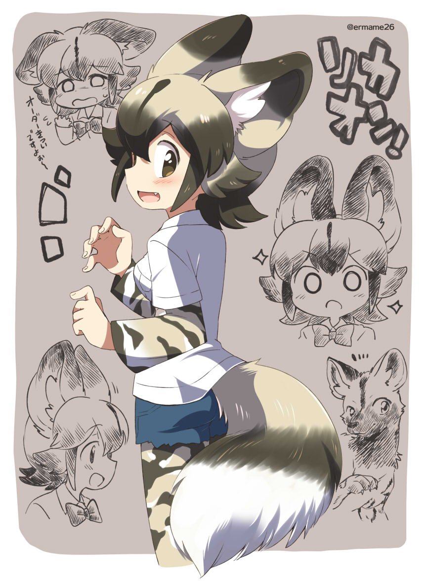 &gt;:o /\/\/\ 1girl :d :o african_wild_dog african_wild_dog_(kemono_friends) african_wild_dog_ears african_wild_dog_print african_wild_dog_tail animal animal_ears animal_print ass blonde_hair blush border bow bowtie breast_pocket brown_eyes brown_hair character_name collared_shirt cowboy_shot cropped_legs cropped_torso d: denim denim_shorts dot_nose eromame eyebrows_visible_through_hair fang fingernails flying_sweatdrops from_behind from_side grey_background hand_up hands_up kemono_friends long_sleeves looking_at_viewer looking_away looking_back motion_lines multicolored_hair multiple_views no_nose open_mouth outside_border pantyhose pocket print_legwear profile rounded_corners sad shirt short_hair short_over_long_sleeves short_shorts short_sleeves shorts sketch smile sparkle sweat tail tareme twitter_username two-tone_hair upper_body white_border white_shirt wing_collar