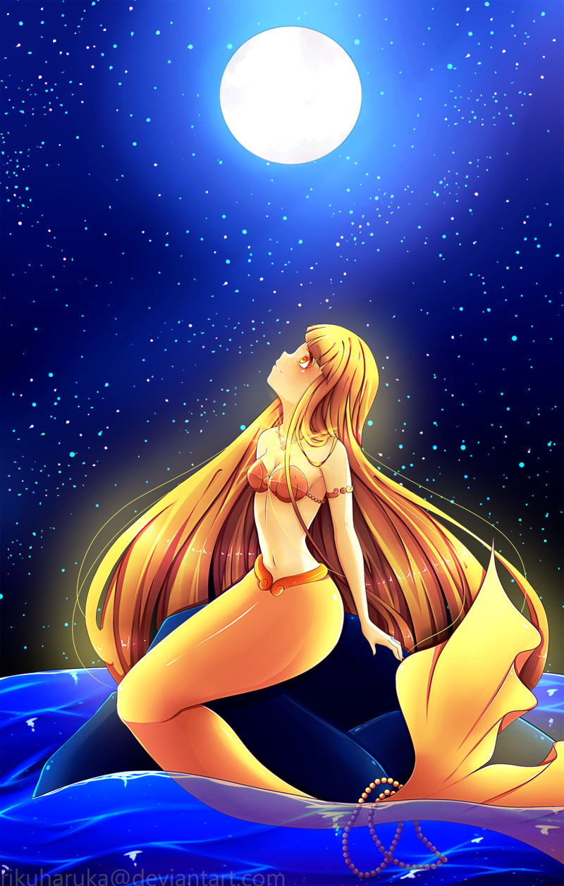 1girl blonde_hair coco_(mermaid_melody_pichi_pichi_pitch) collar hair_between_eyes highres jewelry long_hair mermaid mermaid_melody_pichi_pichi_pitch monster_girl moon moonlight night night_sky shell_necklace sky smiley_face straight_hair yellow_eyes yellow_tail