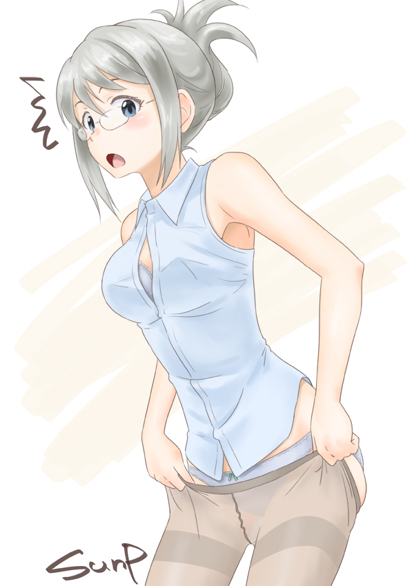 /\/\/\ 1girl :o armpits artist_name bangs bare_arms bare_shoulders beige_background beige_legwear blue_bra blue_eyes blue_panties blue_shirt blush bow bow_panties bra breasts collared_shirt commentary_request cowboy_shot crotch_seam folded_ponytail from_side glasses grey_hair hair_between_eyes large_breasts long_hair looking_at_viewer looking_to_the_side open_clothes open_mouth open_shirt panties pantyhose pantyhose_pull raised_eyebrows school_girl_strikers shirt simple_background sleeveless sleeveless_shirt solo standing sunsun69 surprised thighband_pantyhose tierra-sensei two-tone_background underwear white_background wing_collar