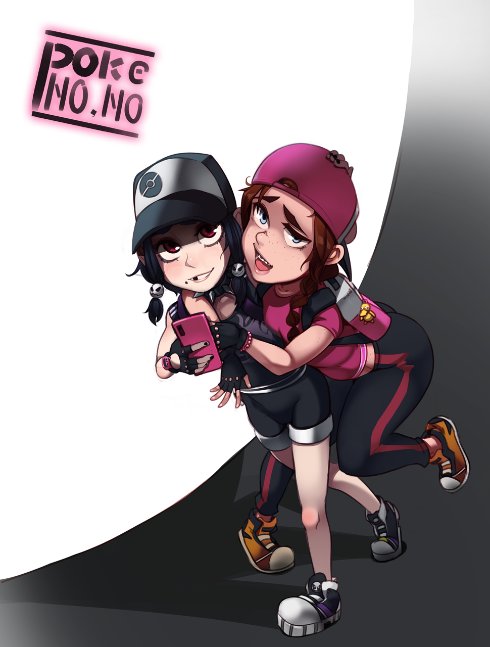 2girls arm_around_neck backpack backwards_hat bag baseball_cap bike_shorts black_hair blue_eyes borrowed_design bracelet braces braid cellphone collar eyeliner female_protagonist_(pokemon_go) flat_chest freckles full_body hat highres hug jewelry looking_at_viewer makeup missing_tooth multiple_girls nail_polish pants phone pokemon pokemon_go polyle red_eyes shirt shoes smartphone sneakers spiked_collar spikes t-shirt thick_eyebrows twin_braids yoga_pants