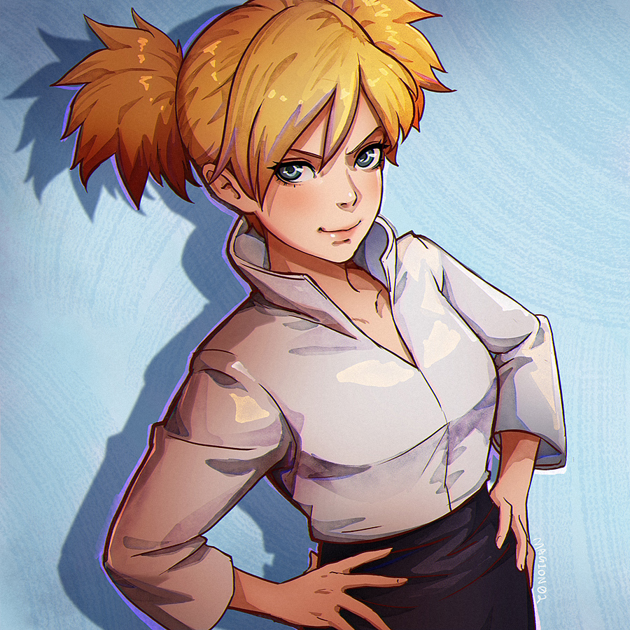 1girl artist_name black_skirt blonde_hair blue_eyes closed_mouth hands_on_hips long_sleeves looking_at_viewer magion02 naruto popped_collar shirt short_hair skirt smirk solo standing temari twintails white_shirt