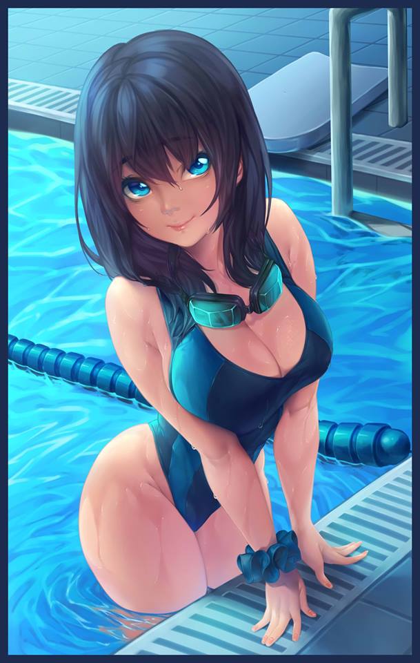 arm_support blue_eyes breast_squeeze breasts cleavage eyebrows_visible_through_hair from_above goggles looking_up medium_hair one-piece_swimsuit original partially_submerged pool rico_(game00985) scrunchie smile swimsuit water wet