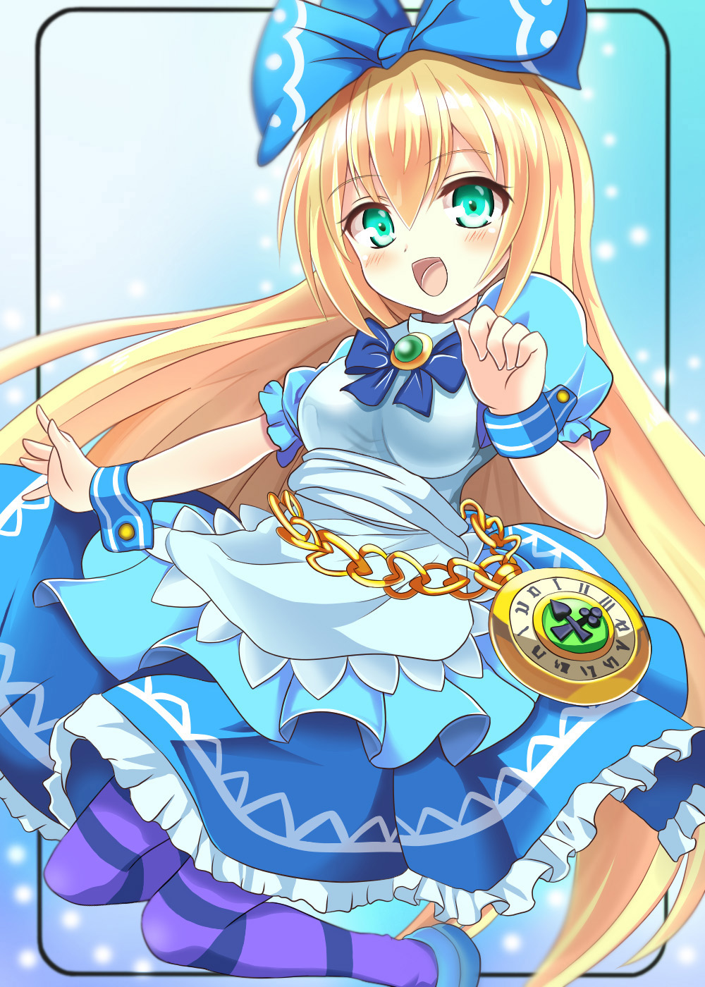 1girl :d alice_(wonderland) alice_in_wonderland apron bangs blonde_hair blue_background blue_bow blue_bowtie blue_dress blue_shoes blurry blurry_background blush bow bowtie breasts chains clubs_(playing_card) commentary_request dress emerald eyebrows_visible_through_hair frame frilled_dress frills gem gradient gradient_background green_eyes hair_between_eyes hair_bow hand_up highres layered_dress long_hair looking_at_viewer medium_breasts open_mouth out_of_frame outstretched_arm outstretched_hand pocket_watch puffy_short_sleeves puffy_sleeves purple_legwear roman_numerals sash shiny shiny_hair shoes short_sleeves smile solo spades_(playing_card) striped striped_legwear thigh-highs time vermentino very_long_hair watch white_apron wind wrist_cuffs