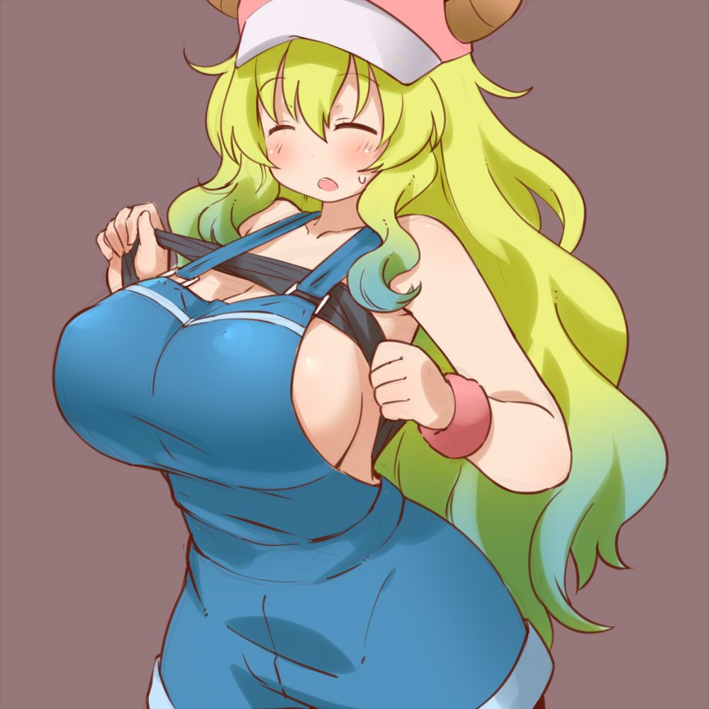 1girl bare_shoulders baseball_cap blonde_hair blush breasts cleavage closed_eyes collarbone commentary_request dragon_girl dragon_horns eyebrows_visible_through_hair gradient_hair green_hair hat hondarai horns kobayashi-san_chi_no_maidragon large_breasts long_hair multicolored_hair no_bra open_mouth overalls quetzalcoatl_(maidragon) shiny shiny_skin shirt_lift sideboob simple_background solo standing suspenders sweatdrop tank_top wristband