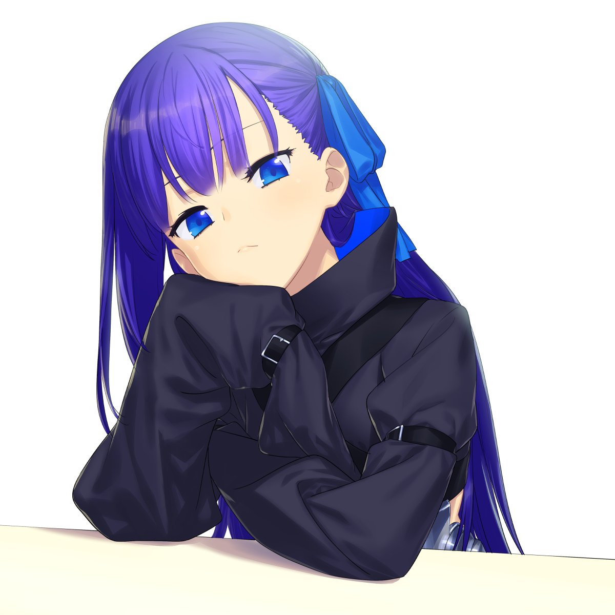 1girl belt blue_eyes blue_ribbon fate/extra fate/extra_ccc fate_(series) hand_on_own_chin head_rest highres ikezawa_shin long_hair meltlilith purple_hair ribbon simple_background sleeves_past_wrists solo table white_background