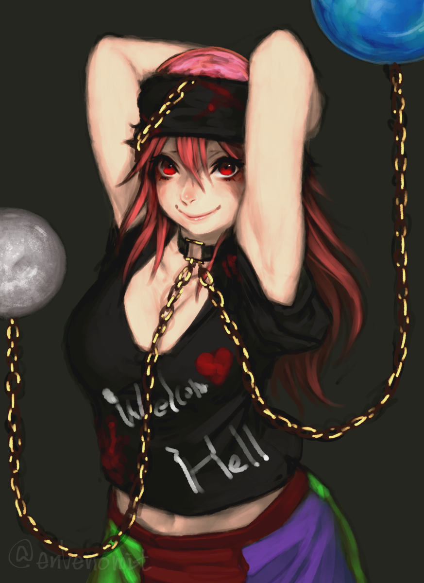 1girl armpits arms_behind_head arms_up belly_peek black_shirt breasts chains closed_mouth clothes_writing collar cowboy_shot earth_(ornament) gengoroumaru_(ambidextrous) gold_chain hair_between_eyes hecatia_lapislazuli highres large_breasts long_hair looking_at_viewer moon_(ornament) multicolored multicolored_clothes multicolored_skirt off-shoulder_shirt polos_crown red_eyes redhead shirt skirt smile solo t-shirt touhou twitter_username