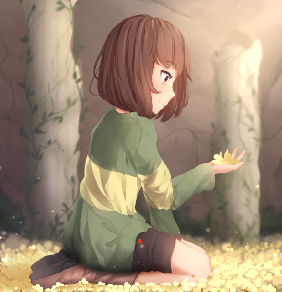 androgynous bangs black_shorts blunt_bangs blurry boots brown_boots brown_hair chara_(undertale) closed_mouth commentary day depth_of_field eyebrows_visible_through_hair flower full_body green_sweater heart holding holding_flower knee_boots kneehighs light_particles long_sleeves pillar profile red_eyes sasoura seiza short_hair shorts side_ponytail signature single_vertical_stripe sitting smile sunlight undertale