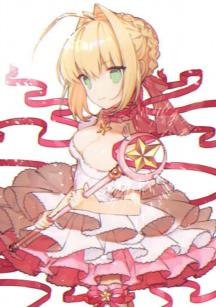 1girl ahoge blonde_hair blush breasts card_captor_sakura cleavage cosplay dress fate/extra fate_(series) fuuin_no_tsue gloves green_eyes kinomoto_sakura kinomoto_sakura_(cosplay) long_hair magical_girl ribbon saber_extra seiyuu_connection smile solo tange_sakura wings yasiromann