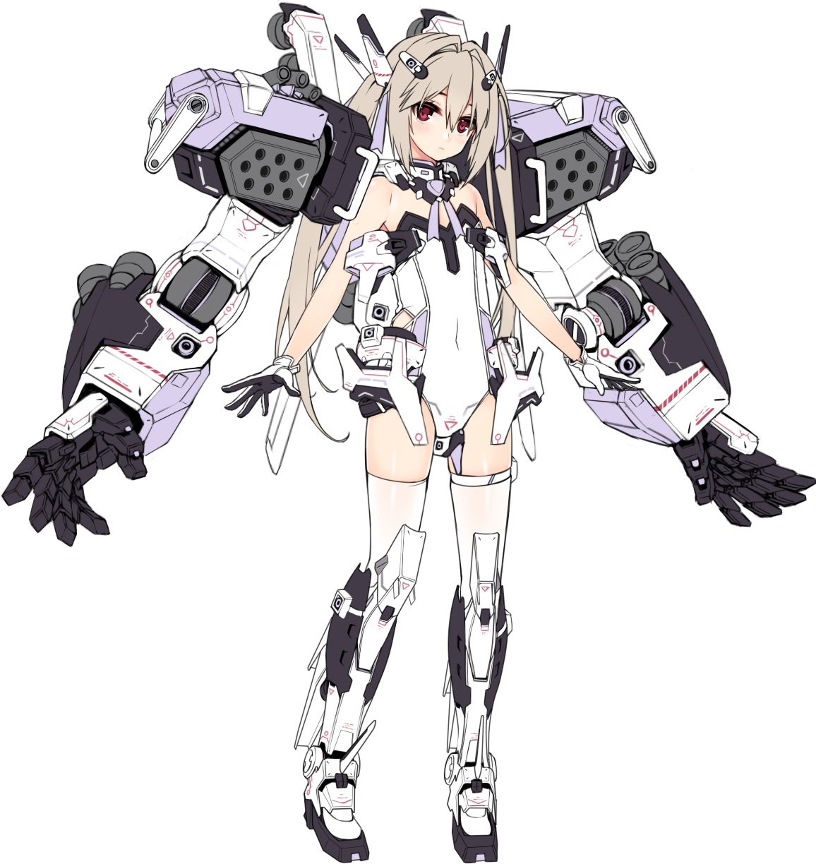 1girl armor bare_shoulders boots brown_hair covered_navel exoskeleton gloves hair_ornament highres kuro_(kuronell) leotard long_hair mecha mechanical_arm original outstretched_arms red_eyes ribbon solo strapless strapless_leotard thigh-highs thigh_strap twintails white_legwear