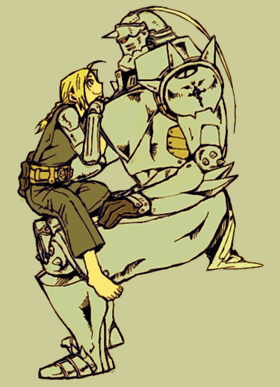 2boys alphonse_elric apron armor automail barefoot blonde_hair braid edward_elric full_armor fullmetal_alchemist gloves kakuu leaning_on_person looking_at_another lowres multiple_boys red_eyes siblings sitting sitting_on_lap sitting_on_person smile