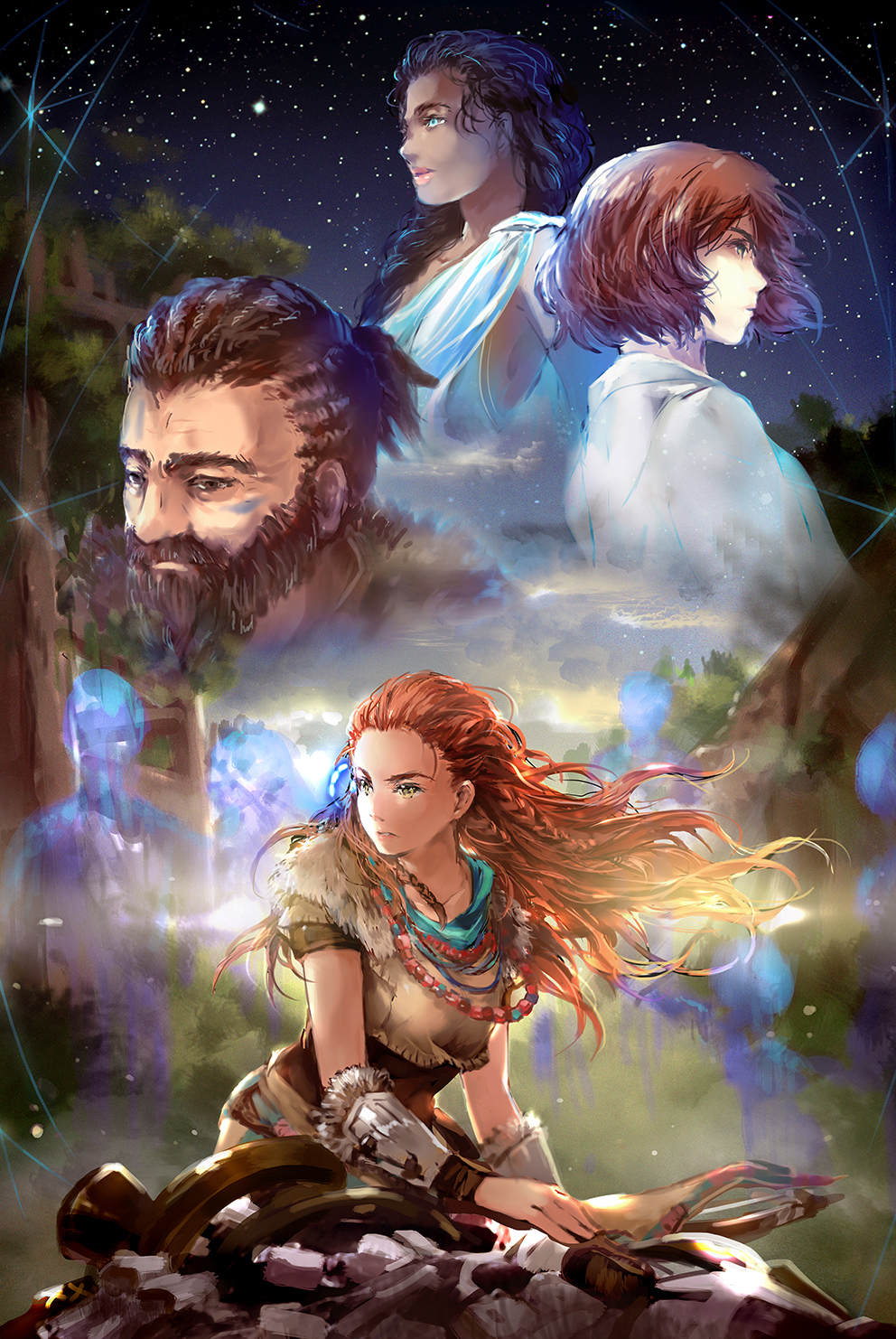 1boy 3girls aloy_(horizon) arukas beard black_skin bow_(weapon) braid brown_eyes brown_hair facial_hair green_eyes highres hologram horizon_zero_dawn jewelry long_hair looking_to_the_side multiple_girls mustache necklace night old_man open_mouth orange_hair sky star star_(sky) teeth tree weapon white_skin