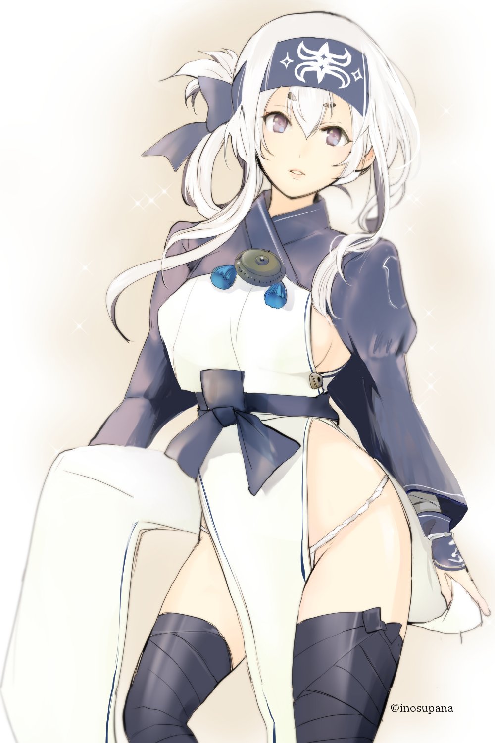 1girl ainu ainu_clothes bad_id bad_twitter_id bandage bandanna black_legwear blue_eyes breasts commentary cowboy_shot cropped_jacket dress eyebrows_visible_through_hair folded_ponytail hair_between_eyes headband highres kajii_supana kamoi_(kantai_collection) kantai_collection long_hair long_sleeves looking_at_viewer pelvic_curtain revision sidelocks simple_background solo sparkle thick_eyebrows thigh-highs twitter_username underwear white_dress white_hair