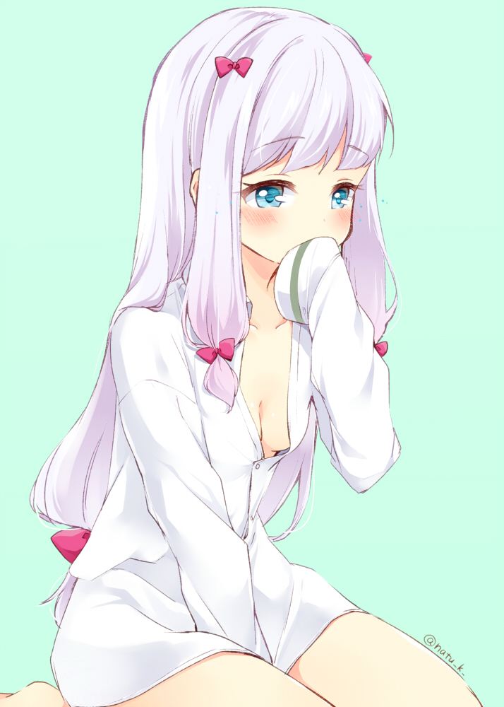 blue_eyes blue_hair blush eromanga_sensei izumi_sagiri long_hair polo shy