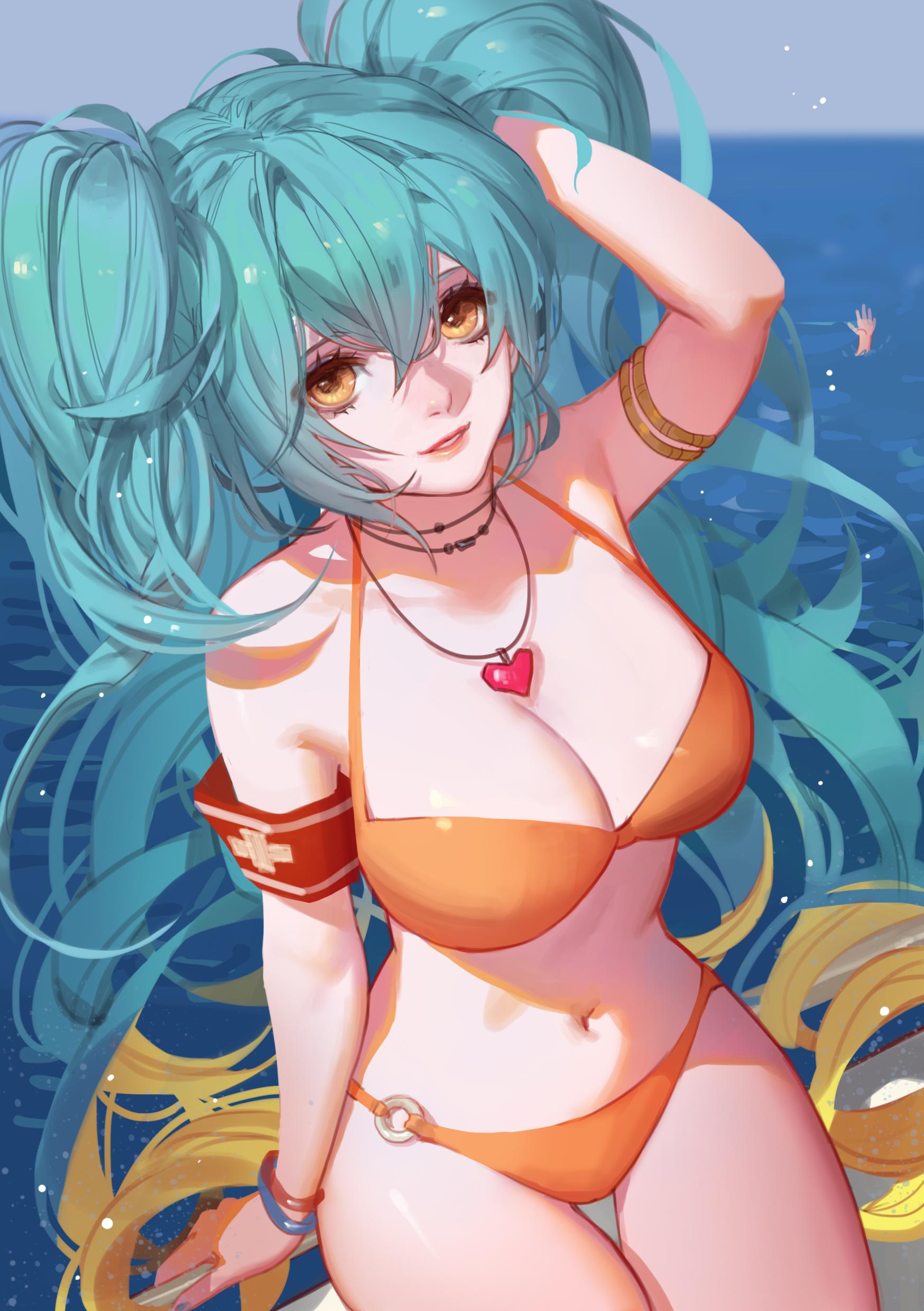 1girl absurdres aqua_hair armlet bikini blue_nails breasts cleavage floating_hair hair_between_eyes hand_in_hair heart heart_necklace highres large_breasts league_of_legends long_hair looking_at_viewer nail_polish navel o-ring_bikini ocean orange_bikini outdoors parted_lips solo sona_buvelle swimsuit twintails very_long_hair yellow_eyes