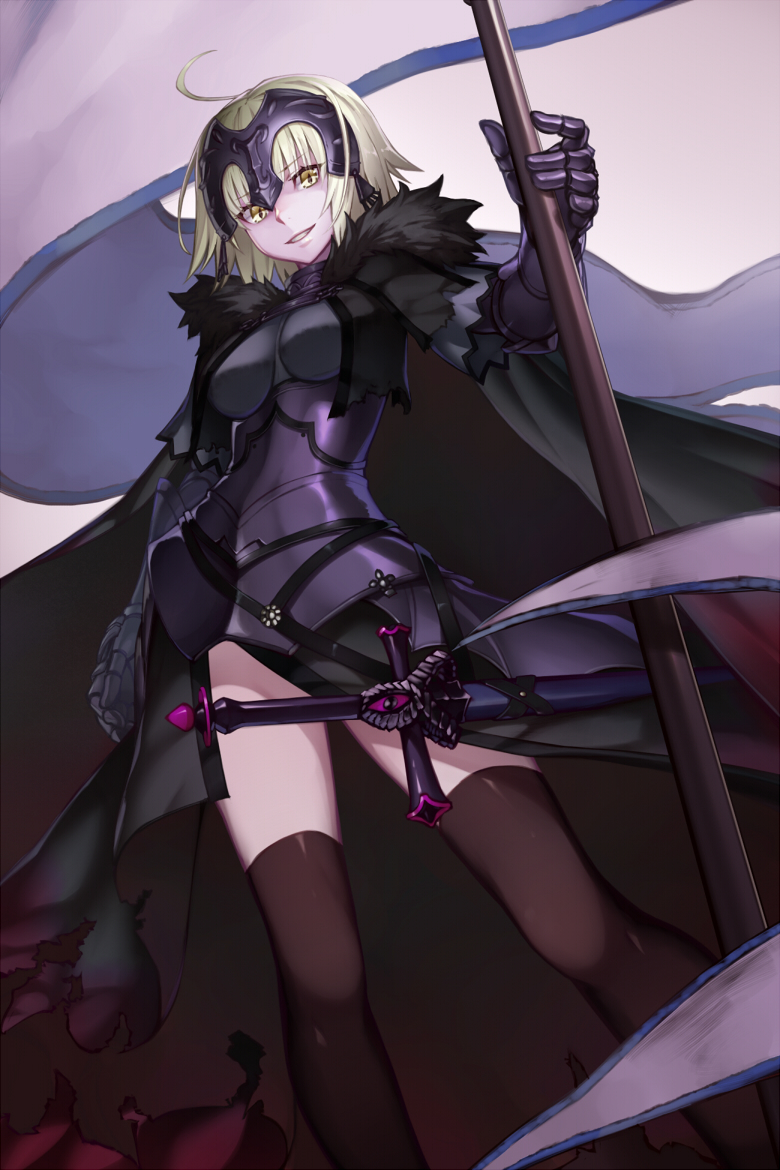 1girl black_legwear blonde_hair breasts cape essual_(layer_world) fate/grand_order fate_(series) flag fur_trim gauntlets grin helmet jeanne_alter looking_at_viewer ruler_(fate/apocrypha) sheath sheathed short_hair smile solo sword thigh-highs weapon yellow_eyes