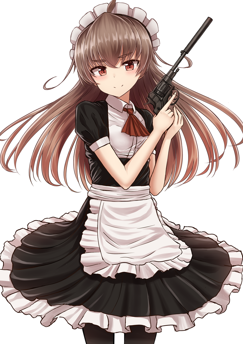 &gt;:) 1girl ahoge apron ascot black_dress black_legwear blush brown_hair closed_mouth commentary_request cowboy_shot dress frilled_dress frills gun highres holding holding_gun holding_weapon long_hair looking_at_viewer maid maid_headdress original pantyhose puffy_short_sleeves puffy_sleeves rabochicken red_eyes short_sleeves simple_background smug solo standing straight_hair trigger_discipline tsurime very_long_hair waist_apron weapon white_apron white_background wing_collar