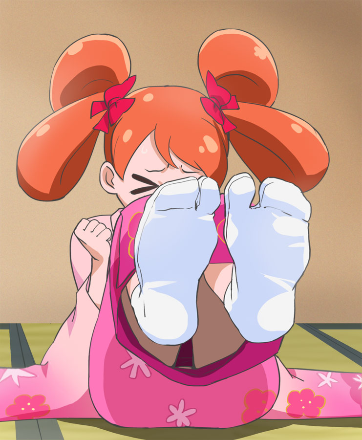 &gt;_&lt; 1girl alternate_hairstyle bow clenched_hand closed_eyes feet hair_bow hair_rings haruyama_kazunori japanese_clothes kimono kirakira_precure_a_la_mode orange_hair pink_kimono precure red_bow short_hair socks solo usami_ichika wide_sleeves