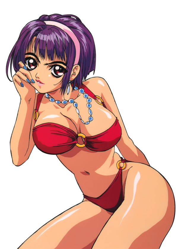 1girl 90s angel_links arm_behind_back bow bowtie breasts cowboy_shot earrings hairband hand_on_own_cheek jewelry large_breasts li_meifon looking_at_viewer nail_polish navel necklace nishida_asako o-ring_bikini official_art parted_lips red_bow red_bowtie red_eyes shiny shiny_skin short_hair solo transparent_background