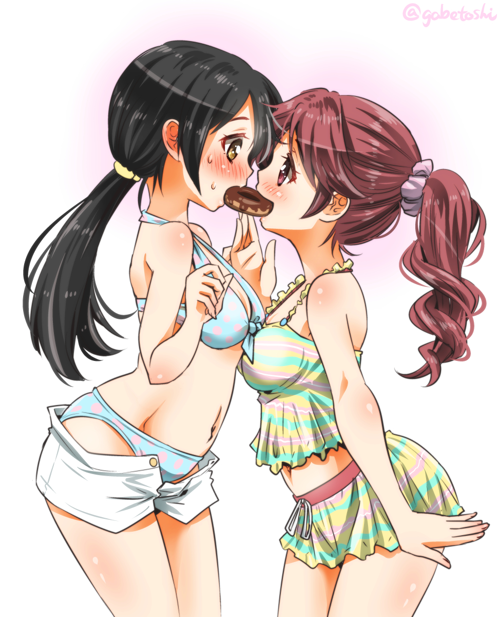 2girls arched_back bikini bikini_under_clothes black_hair blush breasts brown_eyes commentary_request doughnut eye_contact food from_side hair_ornament hair_scrunchie highres idolmaster idolmaster_cinderella_girls long_hair looking_at_another medium_breasts multiple_girls nakano_yuka navel polka_dot polka_dot_bikini ponytail scrunchie shared_food shiina_noriko smile sogabe_toshinori swimsuit twintails yuri