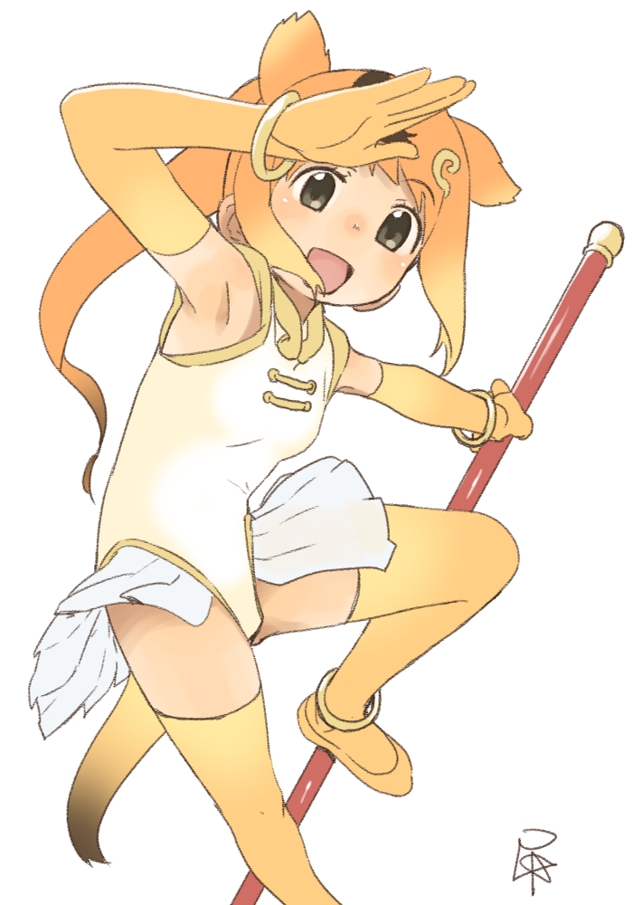 1girl :d animal_ears armpits bare_shoulders baton black_eyes blonde_hair blush bracelet brown_hair circlet commentary_request elbow_gloves eyebrows eyebrows_visible_through_hair gloves golden_snub-nosed_monkey_(kemono_friends) gradient_hair hand_on_forehead hand_up high_ponytail holding holding_staff jewelry kemono_friends long_hair looking_at_viewer monkey_ears monkey_tail multicolored_hair one_leg_raised open_hand open_mouth orange_hair outstretched_arm ponytail satsuyo shiny shiny_skin signature simple_background skirt sleeveless smile solo staff tail tareme thigh-highs weapon white_background white_skirt yellow_legwear