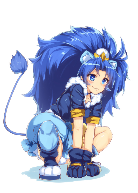 1girl animal_ears blue_eyes blue_hair blush cure_gelato dress female gloves kirakira_precure_a_la_mode long_hair magical_girl precure satou_(kuso-neet) smile solo tail tategami_aoi