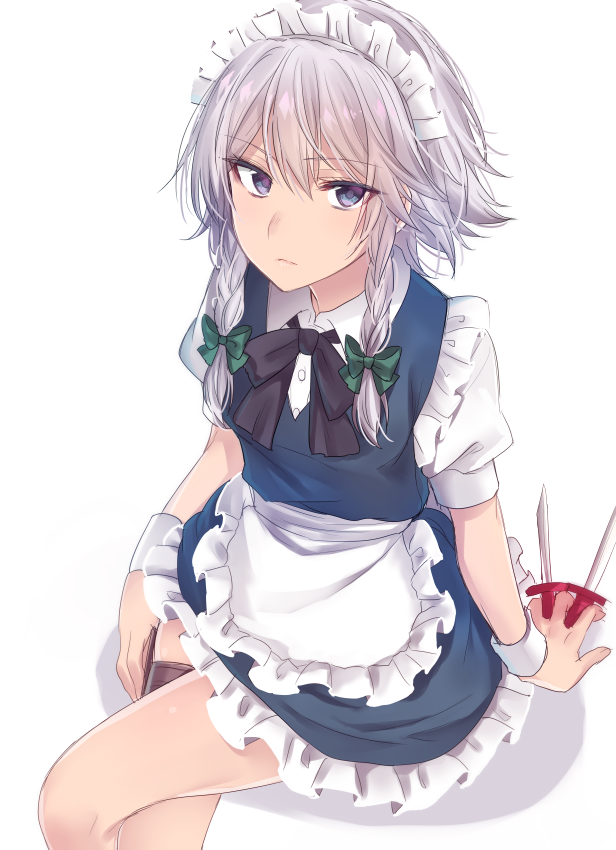 &gt;:( 1girl apron arm_support asa_(coco) black_ribbon blue_dress blue_eyes blush bow braid closed_mouth dress frilled_dress frills green_bow hair_bow holding holding_knife izayoi_sakuya knife knives_between_fingers looking_at_viewer maid maid_headdress neck_ribbon puffy_short_sleeves puffy_sleeves ribbon shirt short_hair short_sleeves silver_hair sitting solo touhou tsurime twin_braids waist_apron white_shirt wrist_cuffs