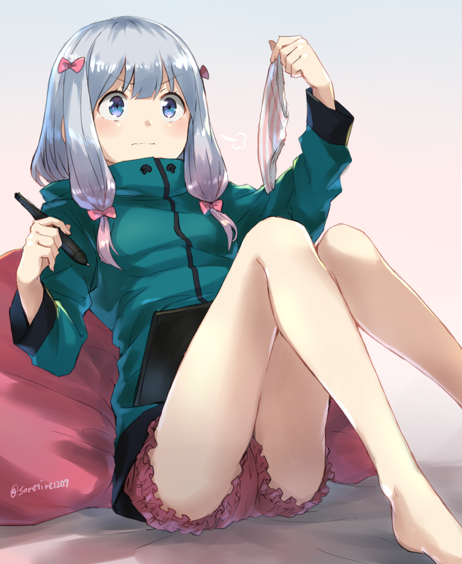 &gt;:| 1girl =3 aqua_jacket bangs bare_legs barefoot bed_sheet bloomers blue_eyes blunt_bangs blush bow breasts closed_mouth commentary_request drawing_tablet eromanga_sensei expressionless eyebrows_visible_through_hair frills gradient gradient_background hair_bow holding holding_panties izumi_sagiri jacket knees_up leaning_back legs long_hair long_sleeves panties pillow pink_bow shiny shiny_hair sidelocks silver_hair sitting small_breasts solo somechime_(sometime1209) striped striped_panties stylus tablet tareme track_jacket twitter_username underwear very_long_hair