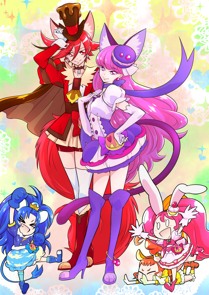 5girls animal_ears arisugawa_himari bike_shorts blue_gloves blue_hair boots brown_cape brown_choker brown_hair cape cat_ears cat_tail chibi chocolate chocolate_bar choker closed_eyes commentary_request cure_chocolat cure_custard cure_gelato cure_macaron cure_whip dog_ears dog_tail dress earrings extra_ears eyelashes fangs food_themed_hair_ornament fur_boots fur_trim gloves hair_ornament hair_over_one_eye happy hat high_heel_boots high_heels highlights hoshino_kouichirou jewelry juliet_sleeves kenjou_akira kirakira_precure_a_la_mode knee_boots kotozume_yukari lion_ears lion_tail long_sleeves looking_at_viewer magical_girl multicolored_hair multiple_girls orange_hair pink_hair ponytail precure puffy_sleeves purple_dress purple_hair rabbit_ears red_boots red_eyes redhead ribbon short_hair shorts shorts_under_skirt side_ponytail signature skirt smile spiky_hair squirrel_ears squirrel_tail standing streaked_hair tail tategami_aoi thigh-highs thigh_boots thighs top_hat twintails usami_ichika violet_eyes white_gloves white_legwear