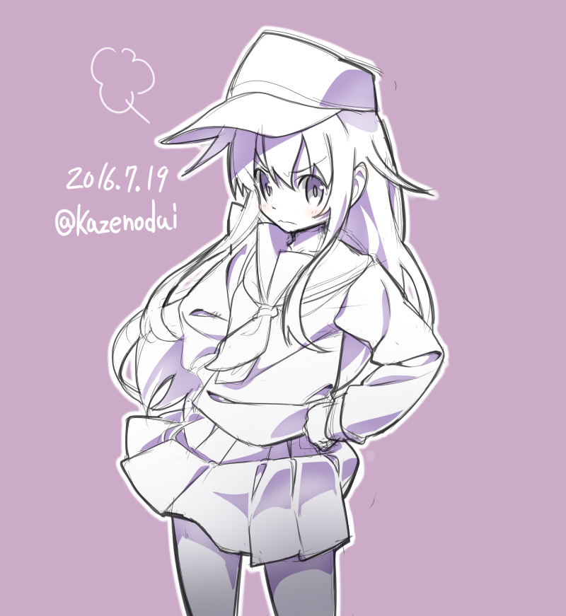 1girl 2016 akatsuki_(kantai_collection) angry blush cowboy_shot dated eyebrows_visible_through_hair flat_cap frown hands_on_hips hat kantai_collection kaze_hiki long_hair long_sleeves looking_at_viewer monochrome purple_background school_uniform simple_background sketch skirt solo twitter_username